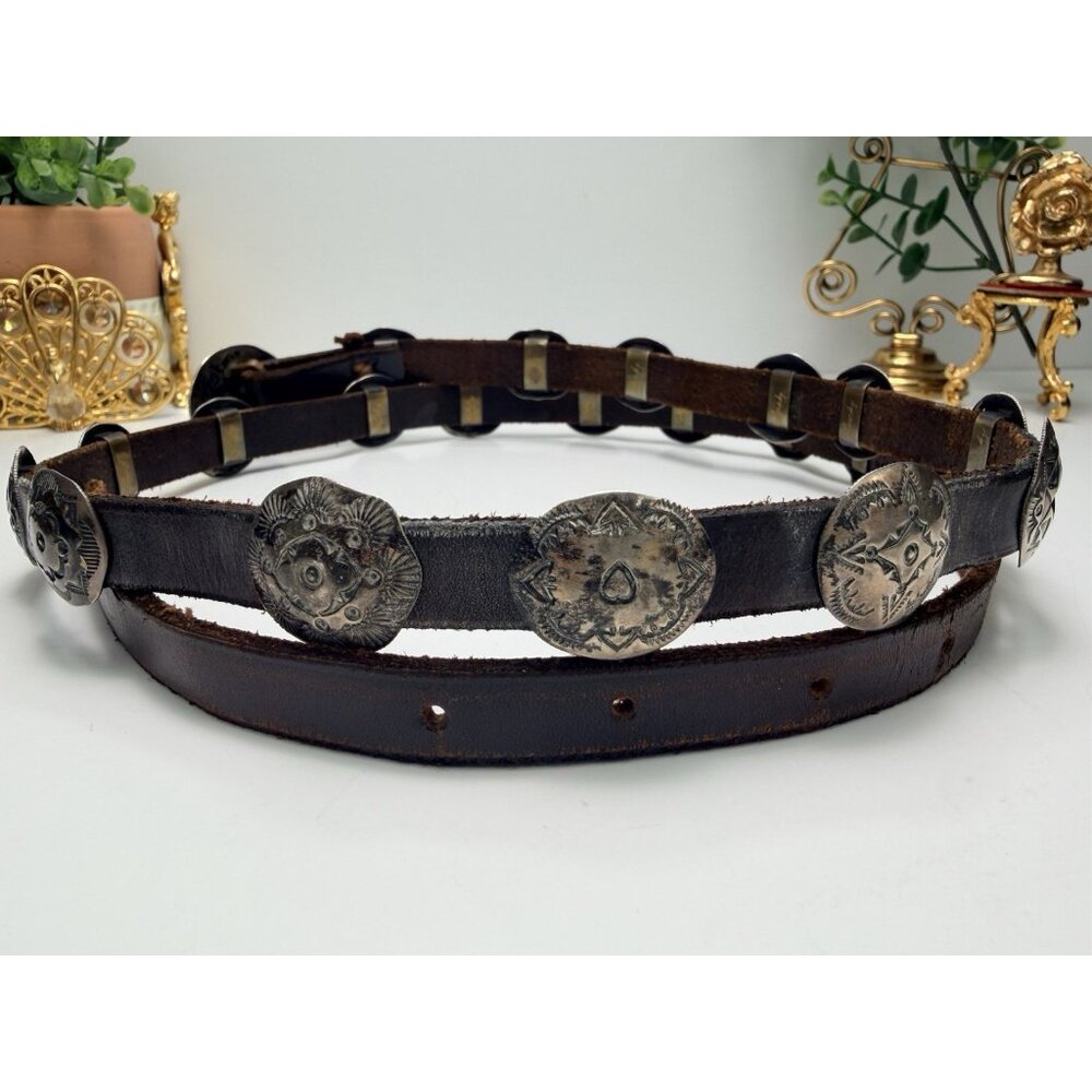Vintage Native American Sterling Concho Belt Signed Hand Stamped Leather Long - Picture 4 of 16